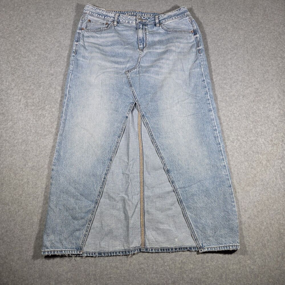 American Eagle Low-Rise Denim Maxi Skirt Light Wash Blue Front Slit Size 10